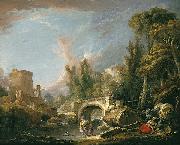 Francois Boucher, River Landscape with Ruin and Bridge